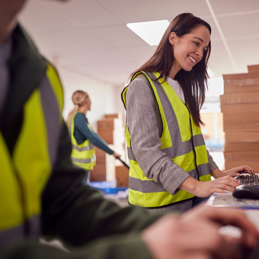 Staff In Busy Modern Warehouse Working On Computer Terminals