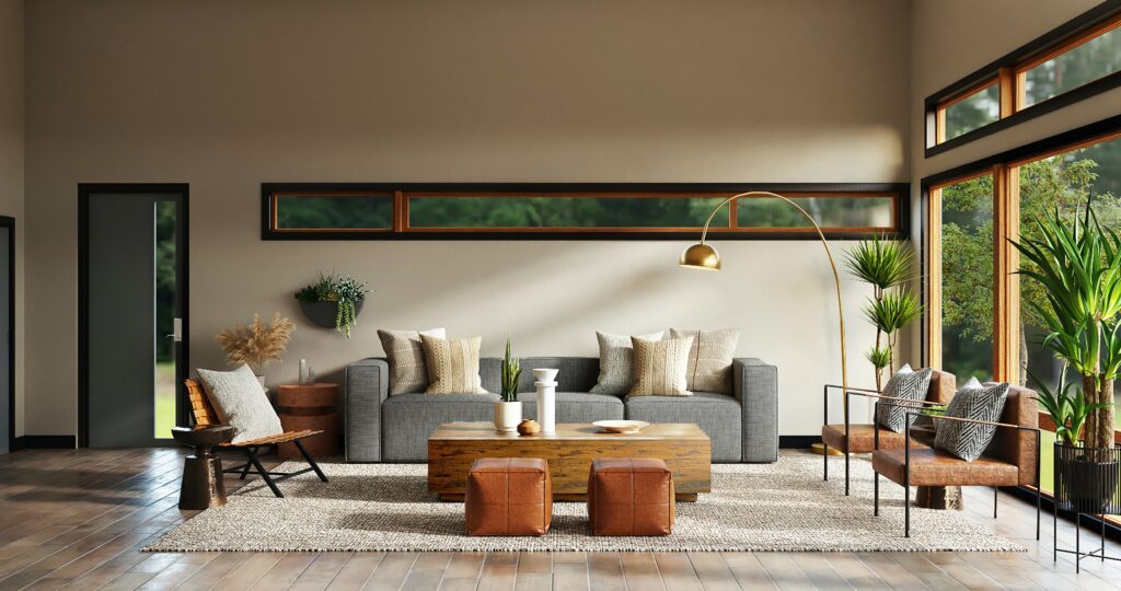 Modern living room with sofa, chairs, coffee table, and rug, showcasing how retailers use white glove delivery to enhance furniture delivery experience.